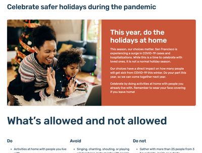 Screenshot of SF.gov's holiday page, with introductory text on top and a 'What's allowed and not allowed' heading following