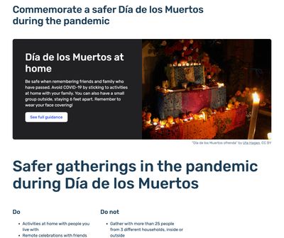 A page featuring a genuine candlelit ofrenda with the headline 'Commemorate a safer Día de los Muertos during the pandemic.
